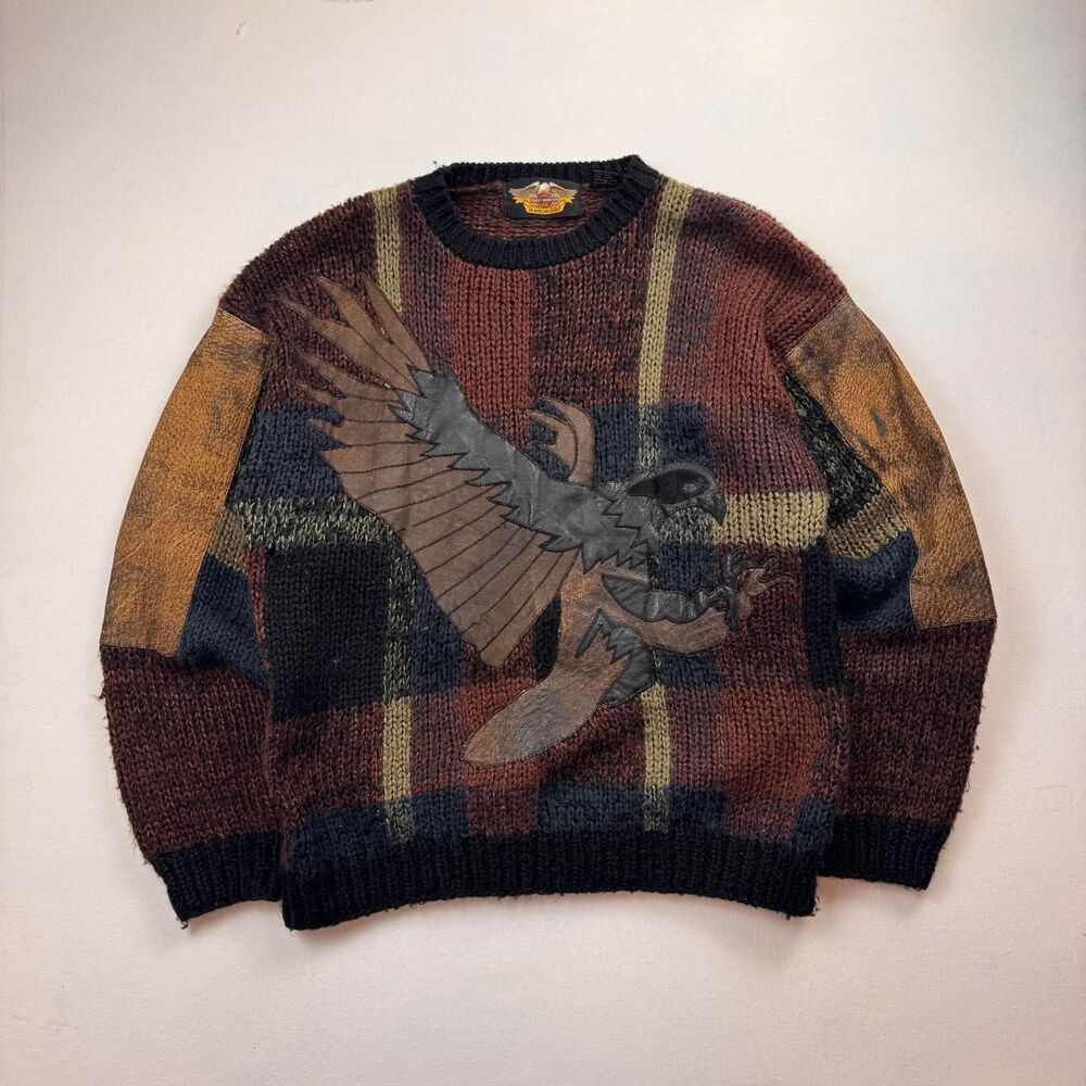 Vintage Harley-Davidson Brown Multicolor Eagle Leather Patch Knit Sweater Size M